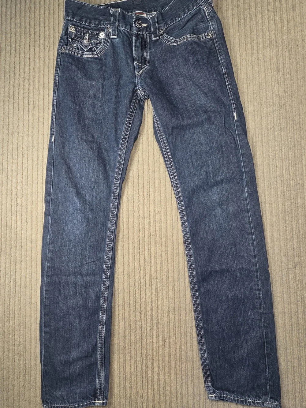 True Religion Joey Super T Skinny Blue Jeans Sz 30x32 White Stitch